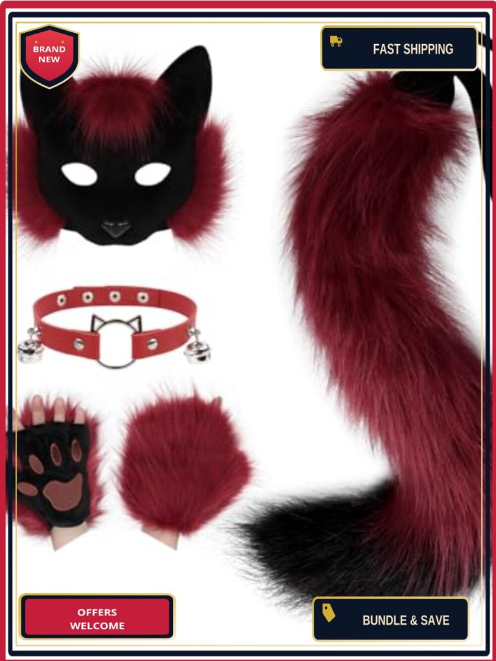 Faux Fur Half Face Mask Paw Gloves Wolf Fox Tail Leather Necklace Costume Set